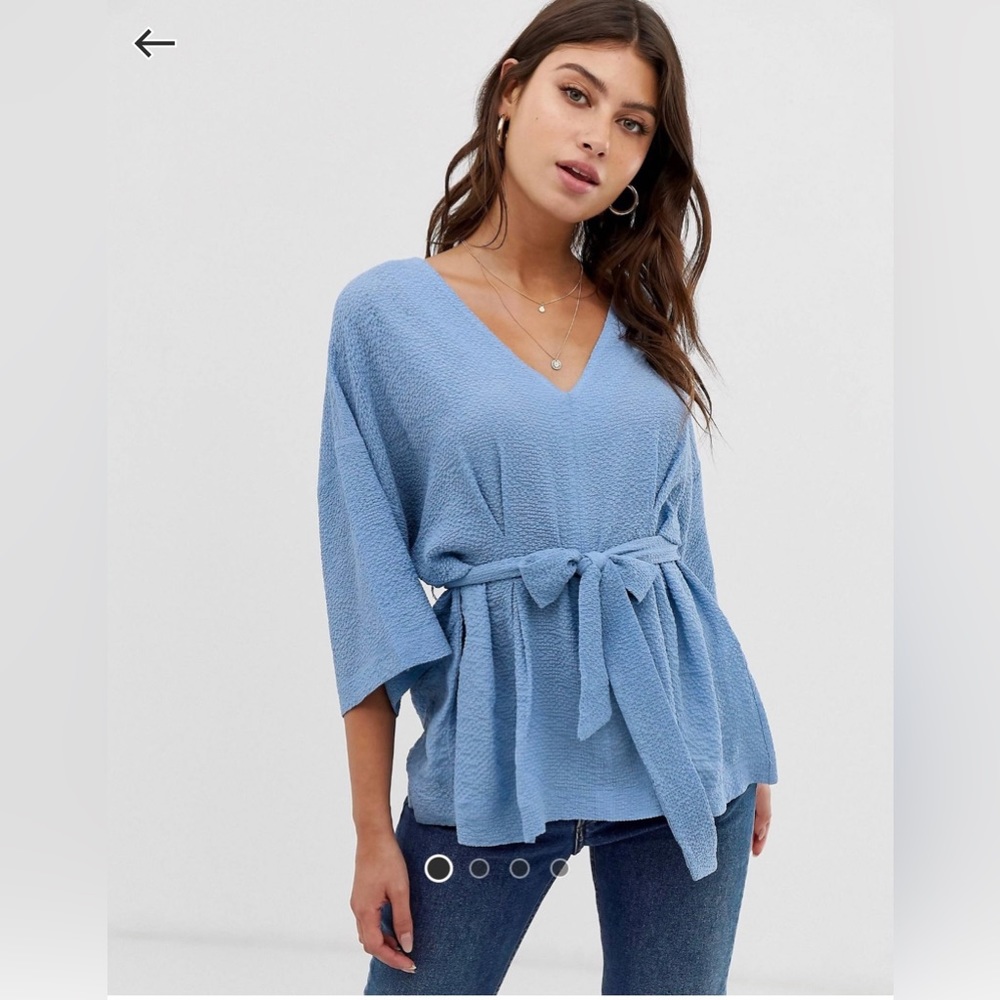 ASOS DESIGN textured 3 / 4 sleeve oversized top with v neck and tie waist